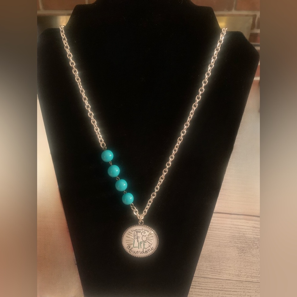 Inspirational Pendant Necklace Turquoise Colored Beads Silver Tone Chain NWOT
